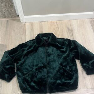 Gallery Vegan Faux Fur Bomber Coat Jacket Green collar pockets VTG vintage 90s